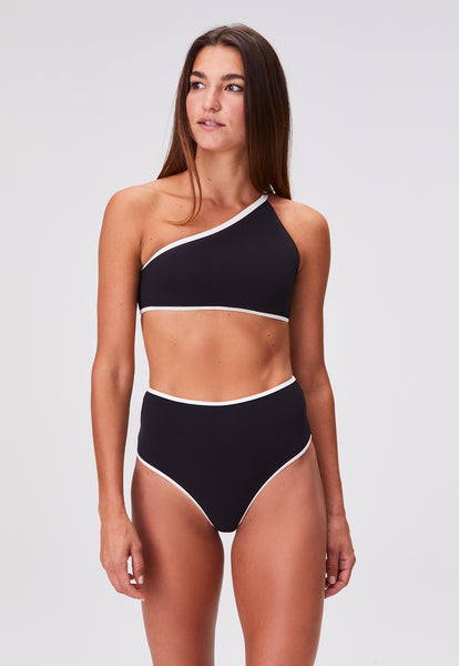 THE ONE-SHOULDER HIGH-WAIST BIKINI in BLACK & CREAM CREPE