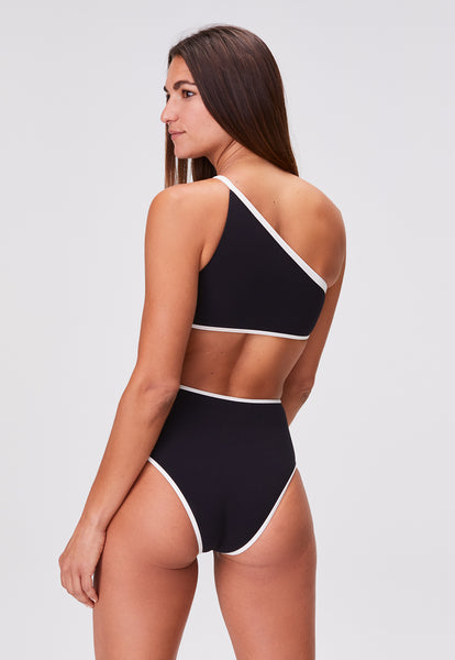 THE ONE-SHOULDER HIGH-WAIST BIKINI in BLACK & CREAM CREPE