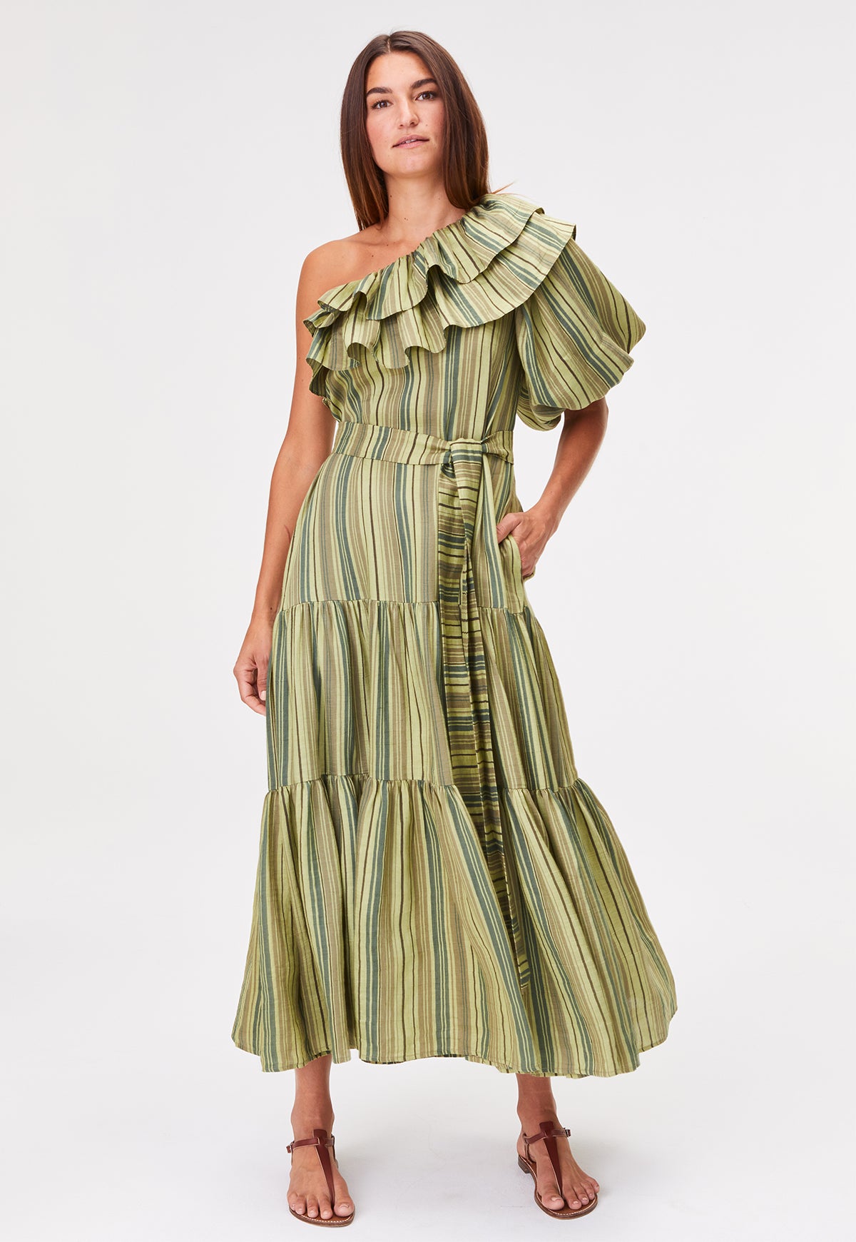 THE ARDEN DRESS in GREEN STRIPED LINEN