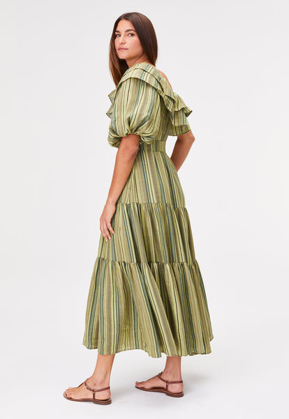 THE ARDEN DRESS in GREEN STRIPED LINEN