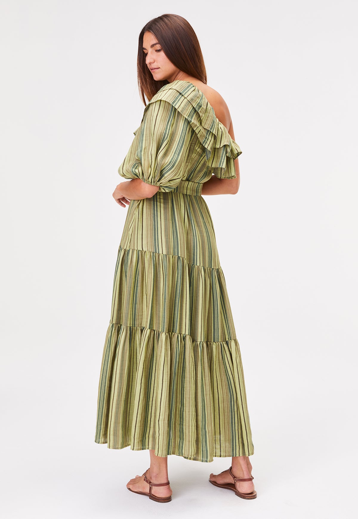 THE ARDEN DRESS in GREEN STRIPED LINEN