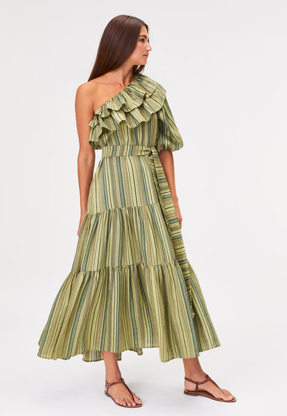 THE ARDEN DRESS in GREEN STRIPED LINEN