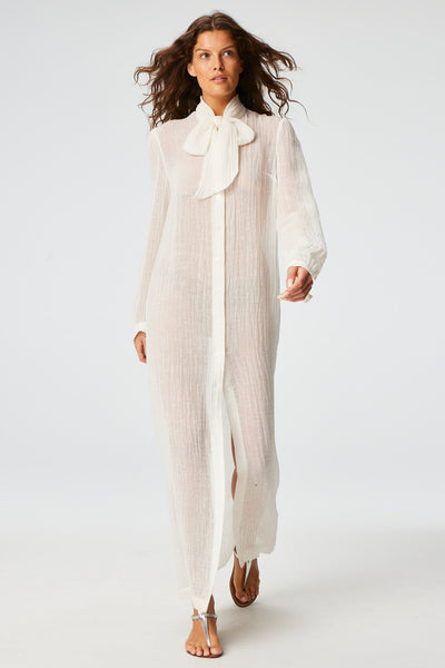 THE PUSSY BOW SHIRT DRESS in WHITE SORRENTO GAUZE
