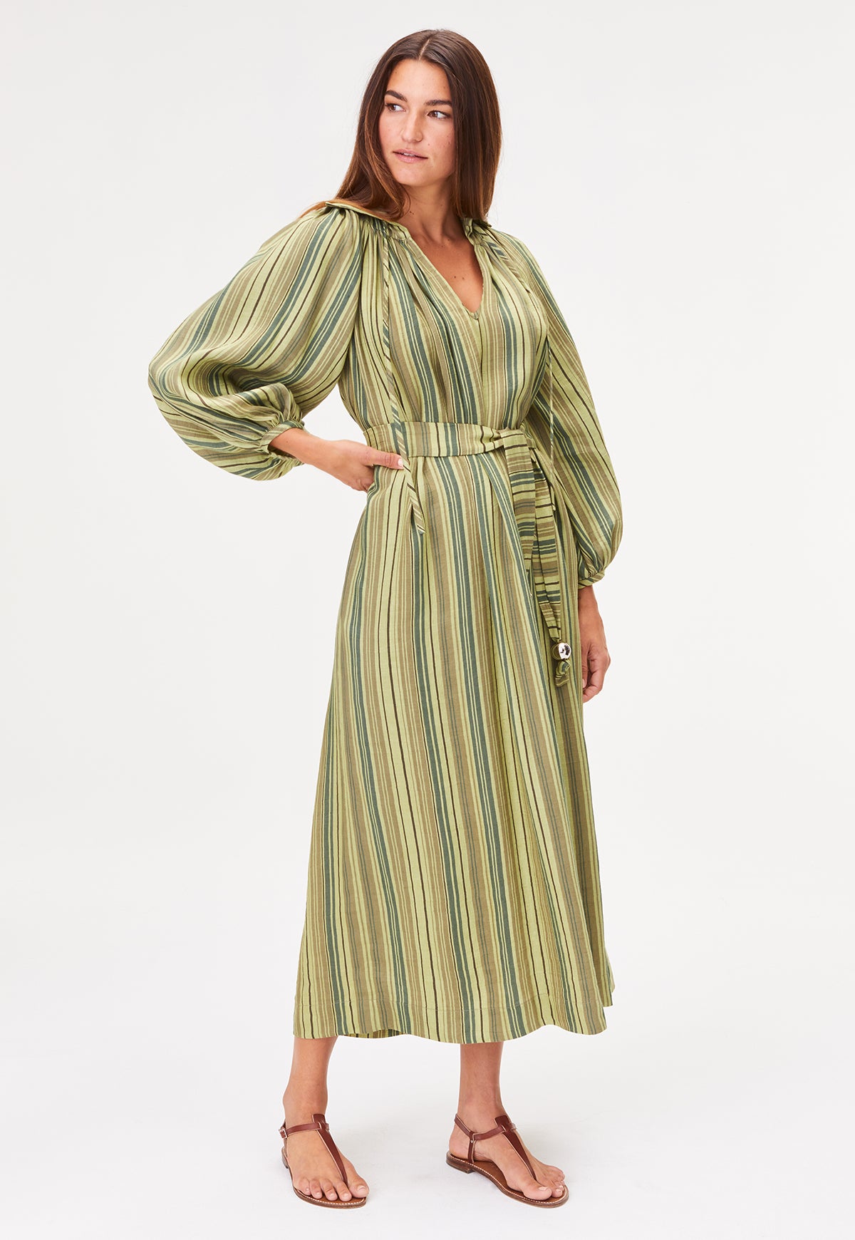 THE POET DRESS in GREEN STRIPED LINEN