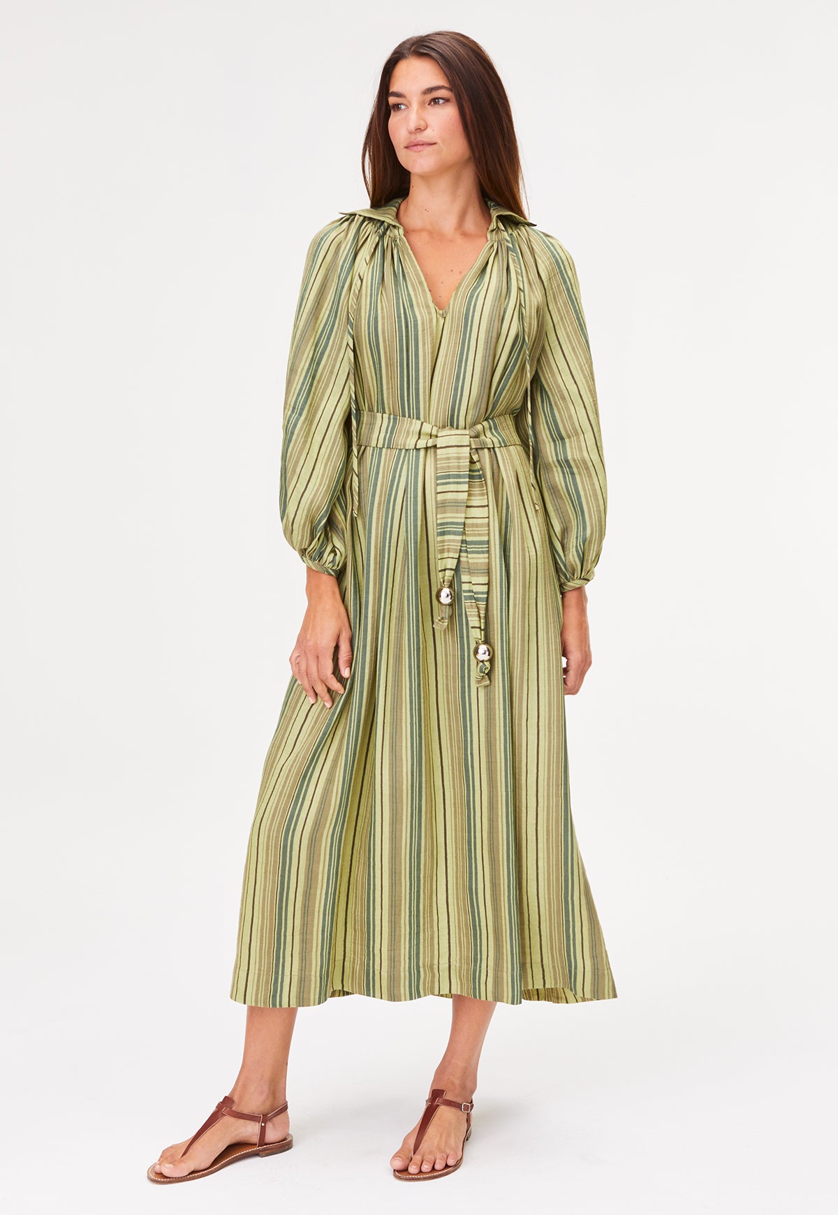 THE POET DRESS in GREEN STRIPED LINEN