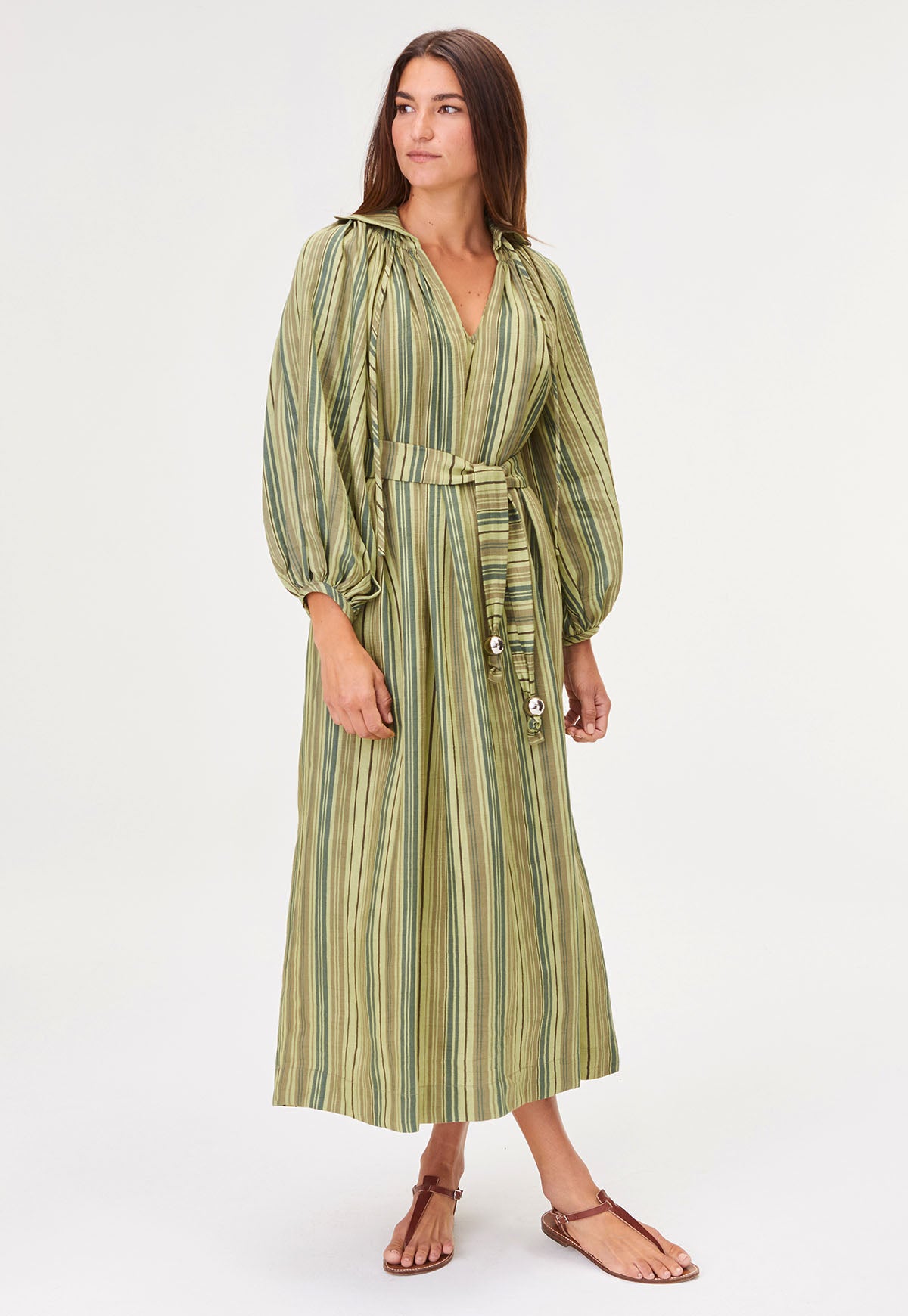 THE POET DRESS in GREEN STRIPED LINEN