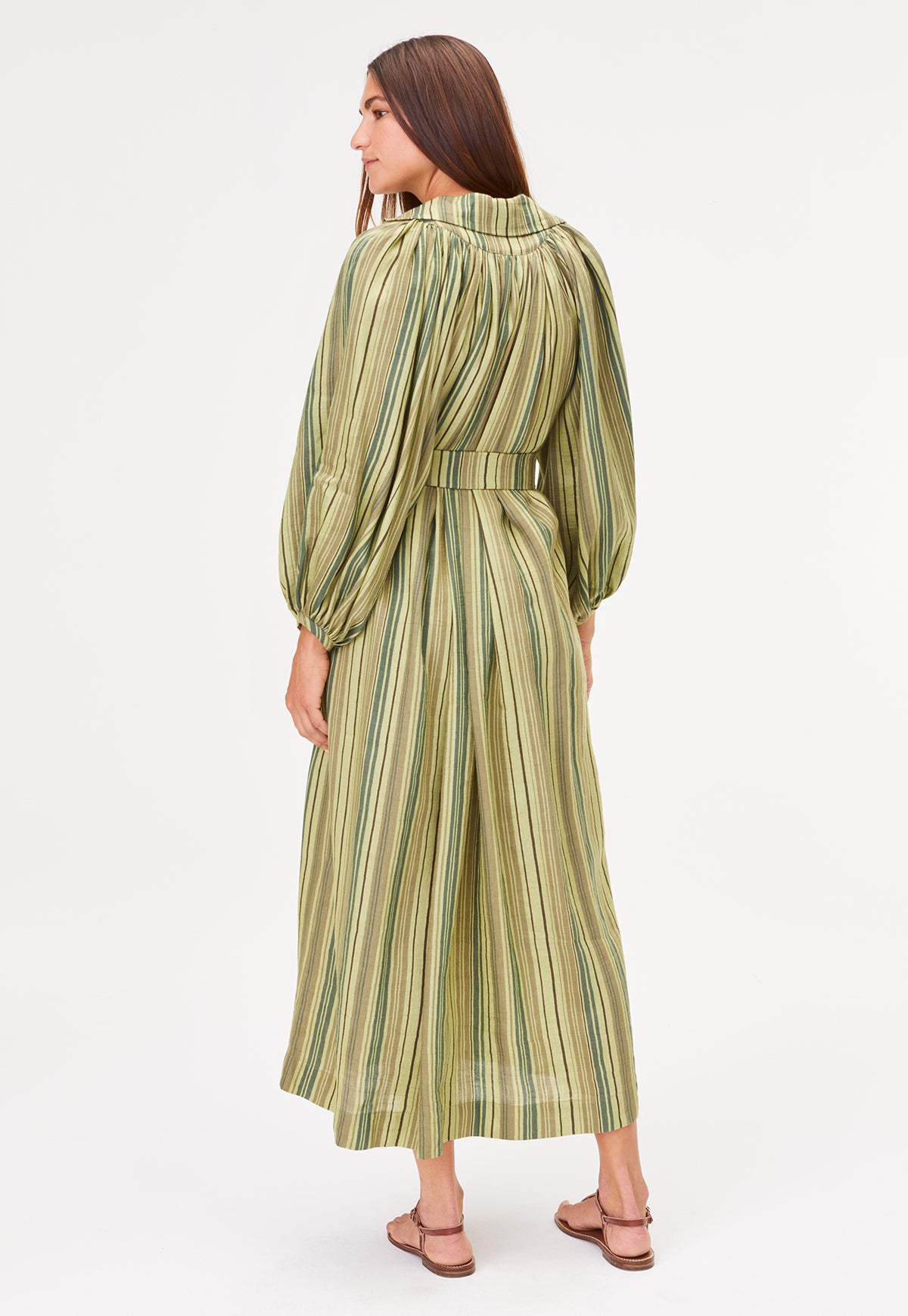 THE POET DRESS in GREEN STRIPED LINEN