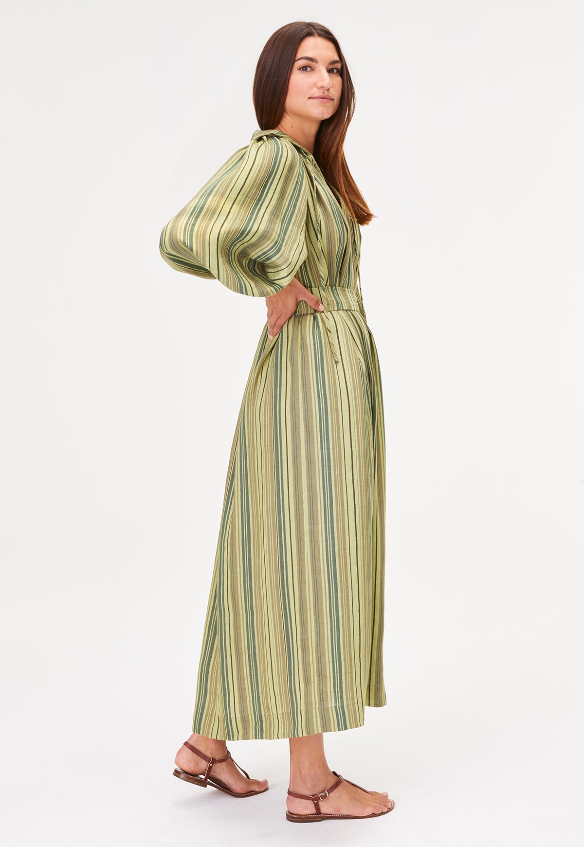 THE POET DRESS in GREEN STRIPED LINEN