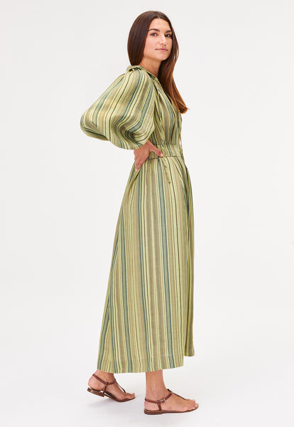 THE POET DRESS in GREEN STRIPED LINEN