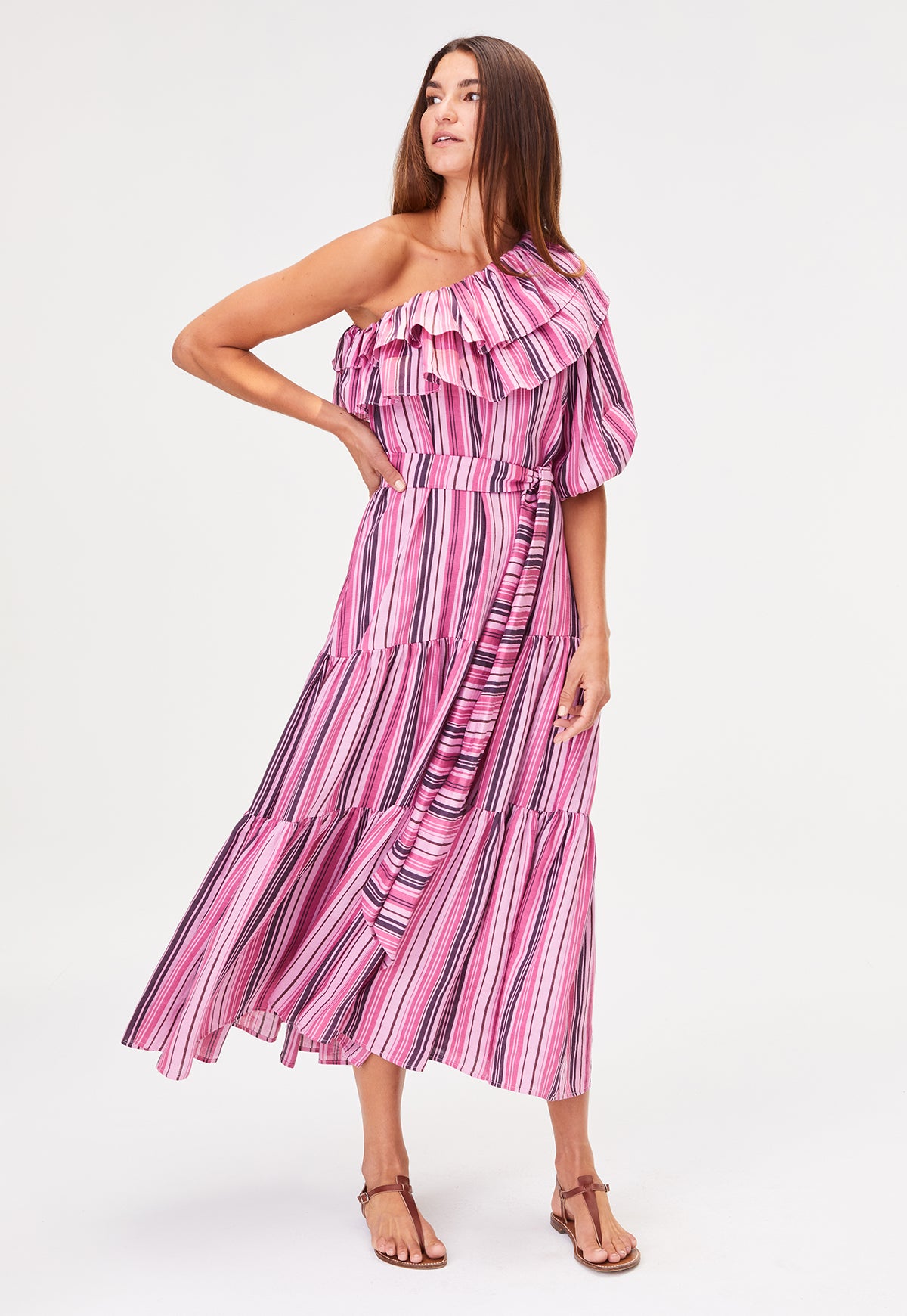 THE ARDEN DRESS in RASPBERRY STRIPED LINEN