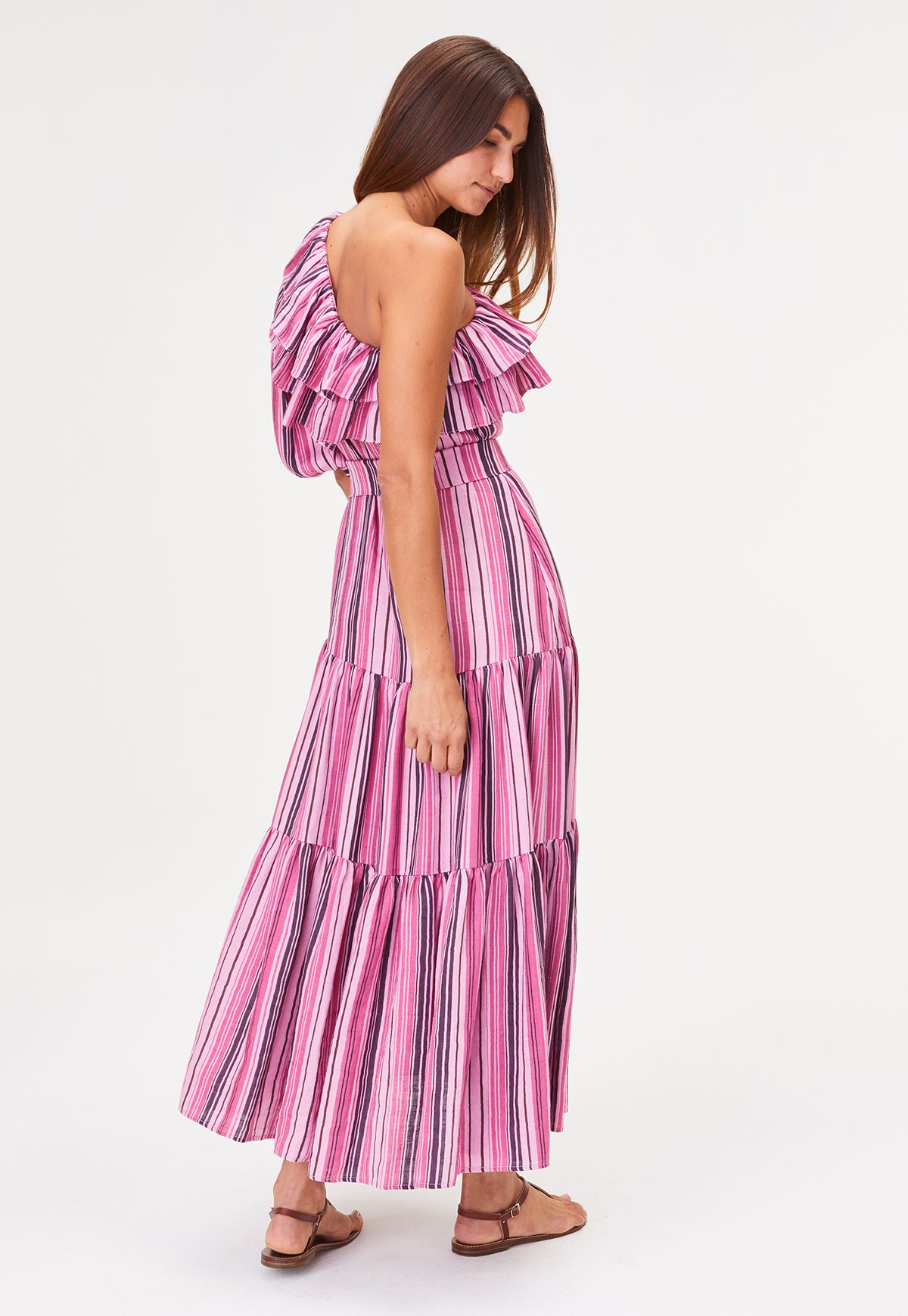 THE ARDEN DRESS in RASPBERRY STRIPED LINEN