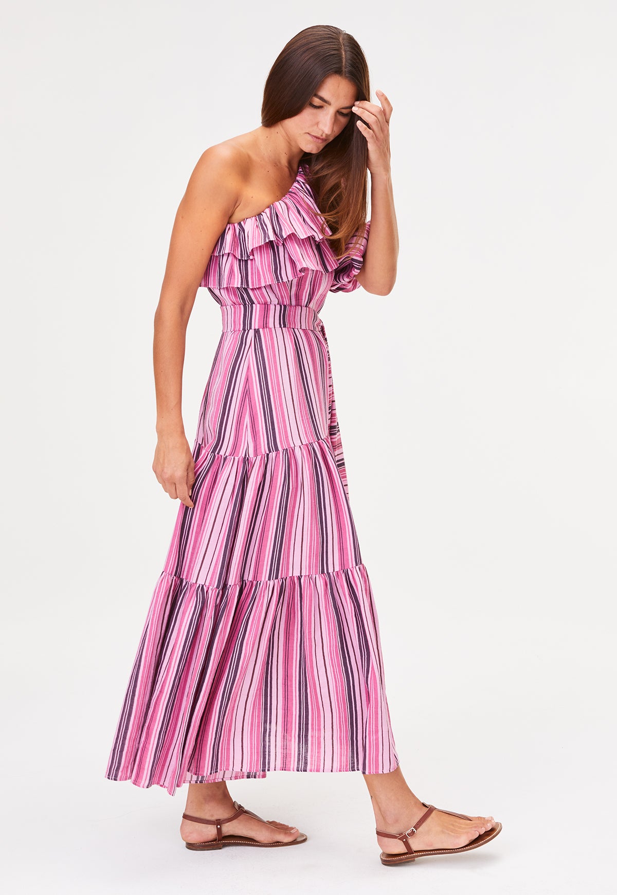 THE ARDEN DRESS in RASPBERRY STRIPED LINEN
