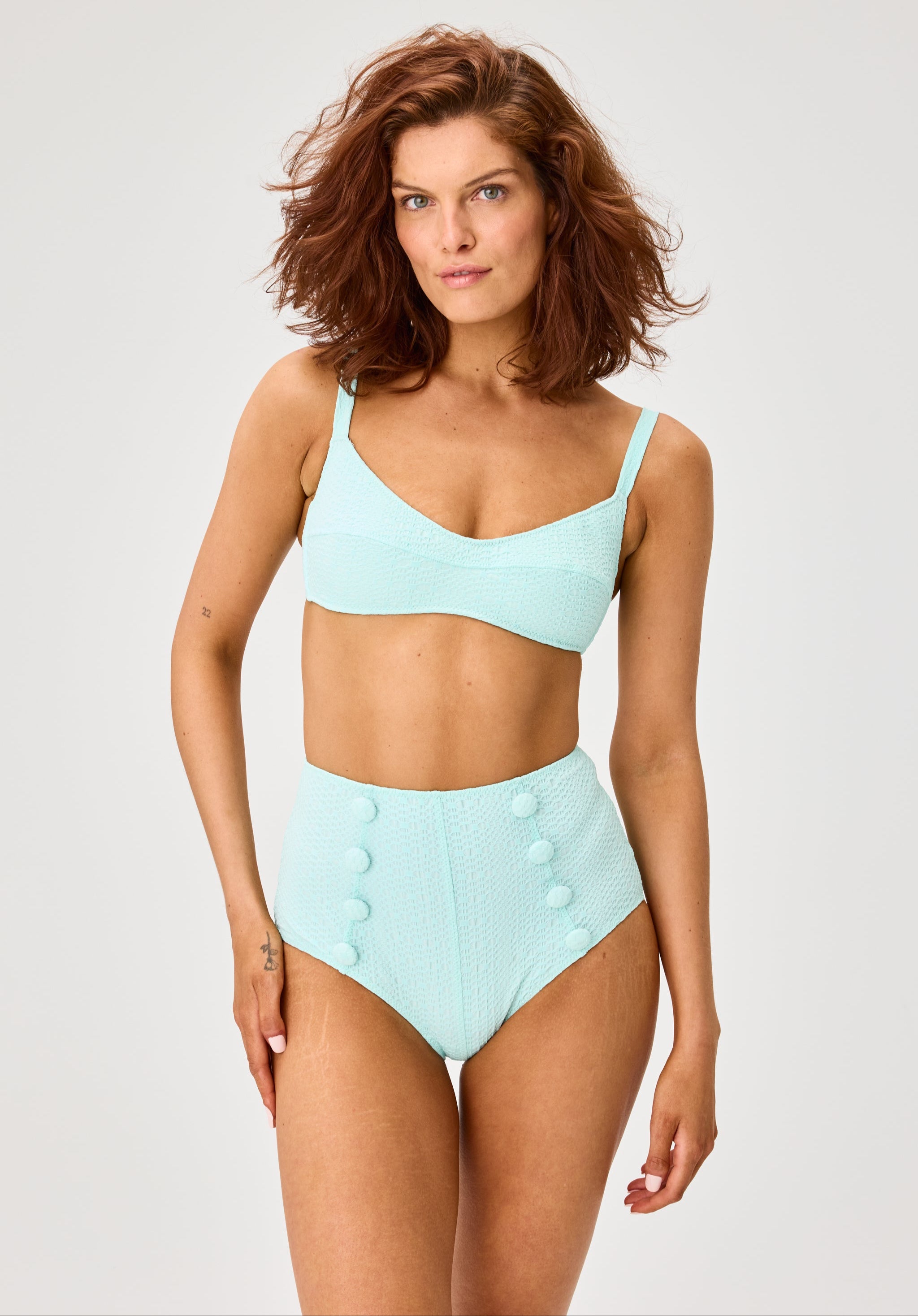 THE BALCONETTE HIGH-WAIST BIKINI in SEAFOAM SEERSUCKER