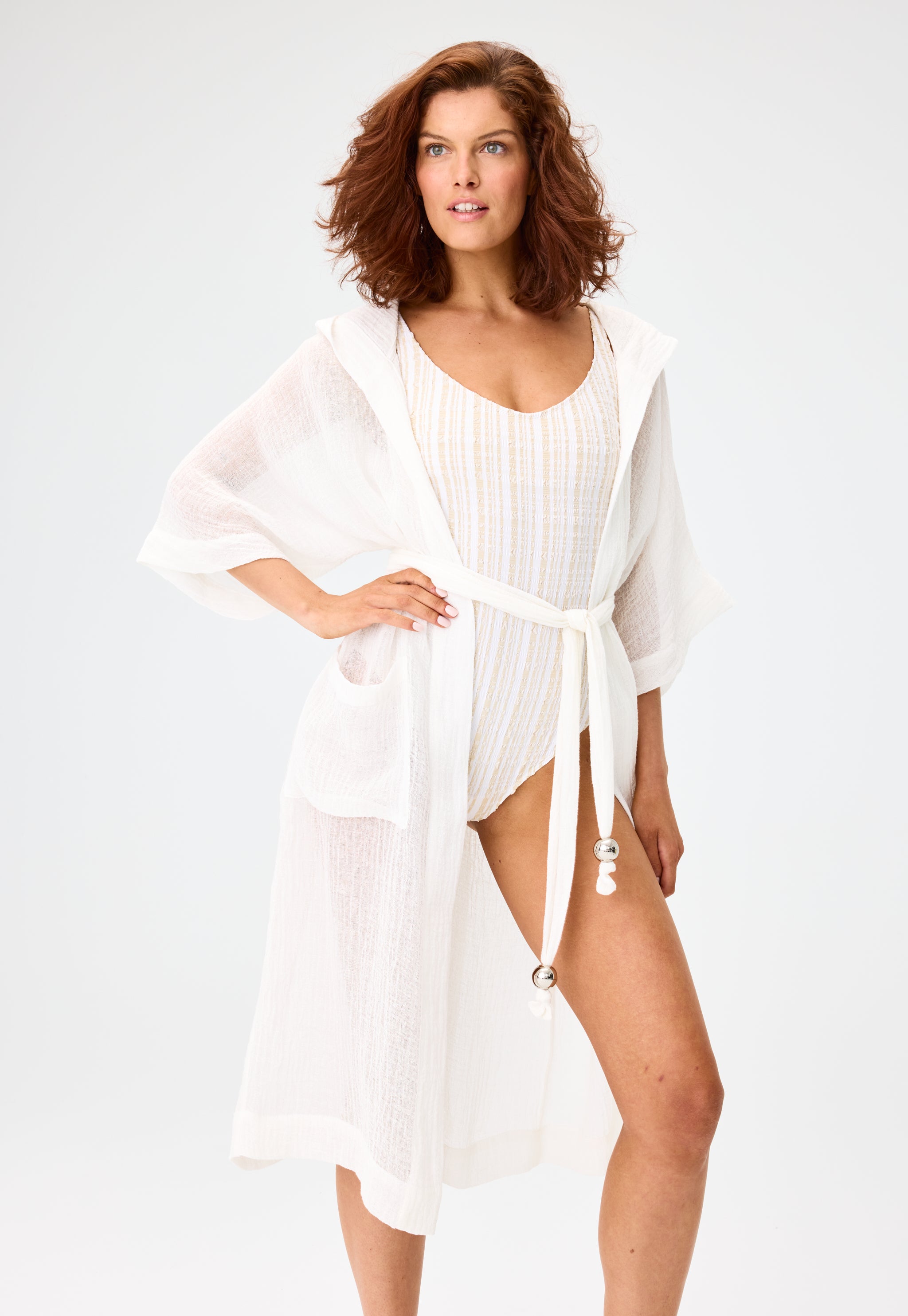THE HOODED DRESSING GOWN MAXI in WHITE SORRENTO GAUZE