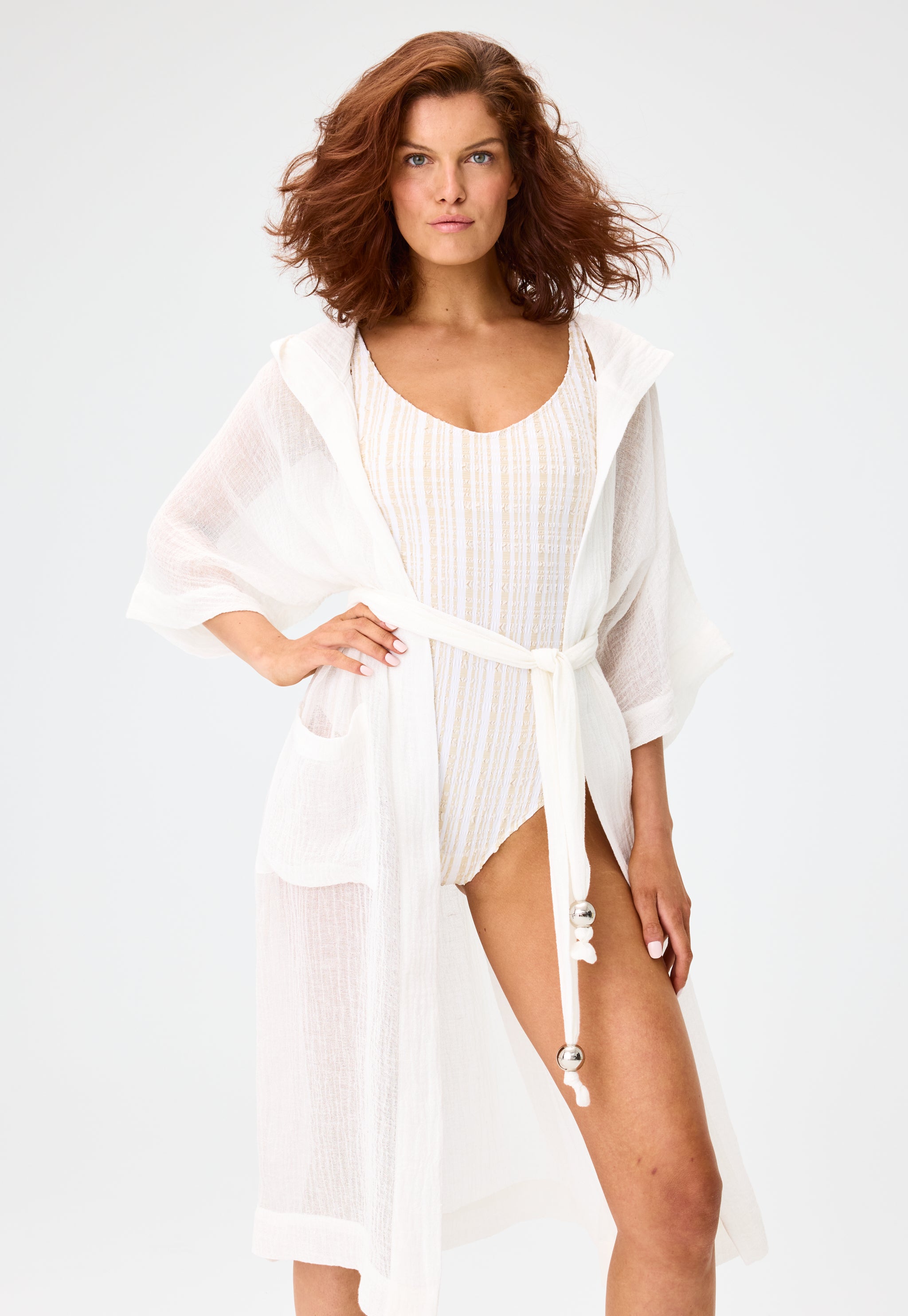 THE HOODED DRESSING GOWN MAXI in WHITE SORRENTO GAUZE