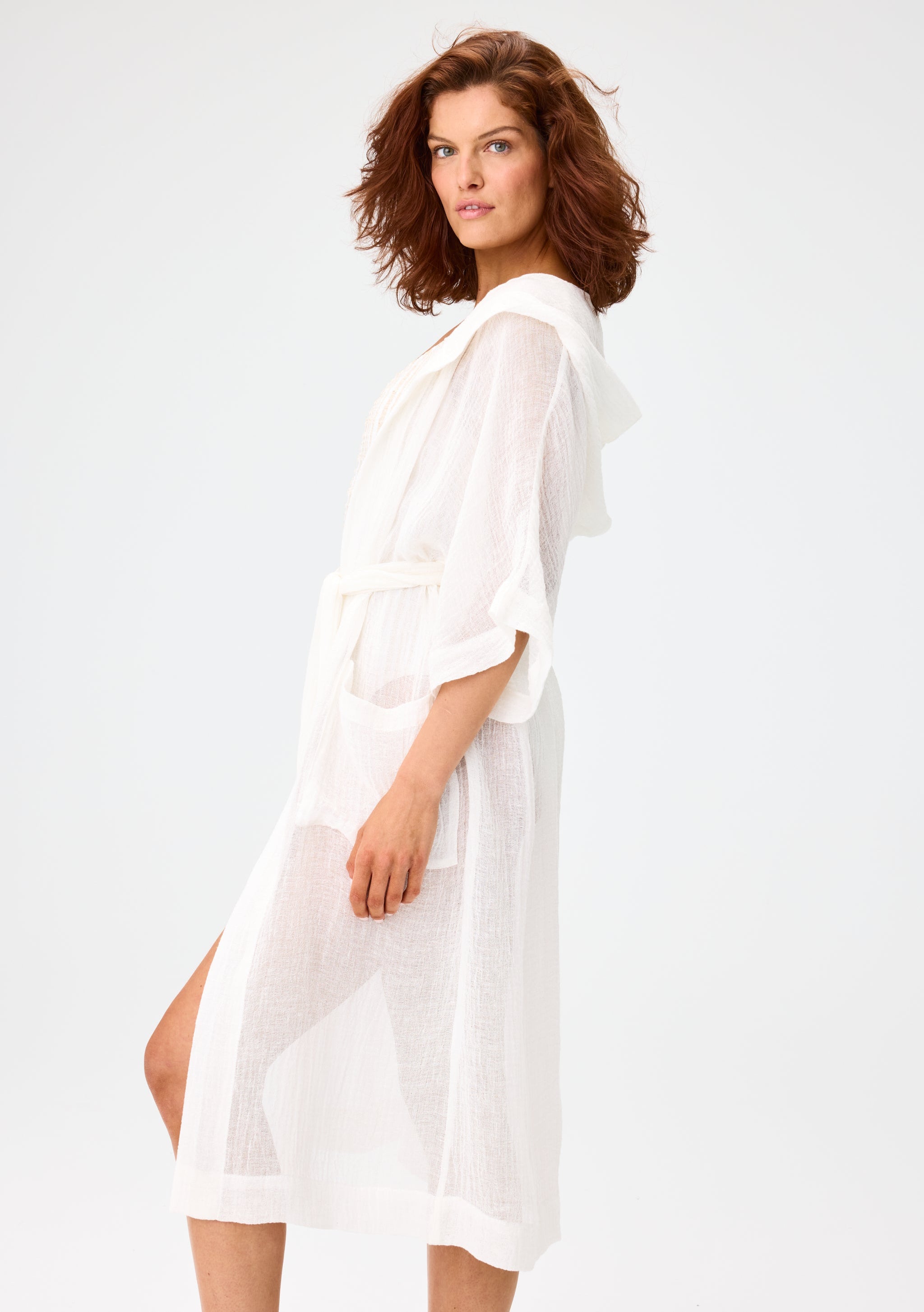 THE HOODED DRESSING GOWN MAXI in WHITE SORRENTO GAUZE