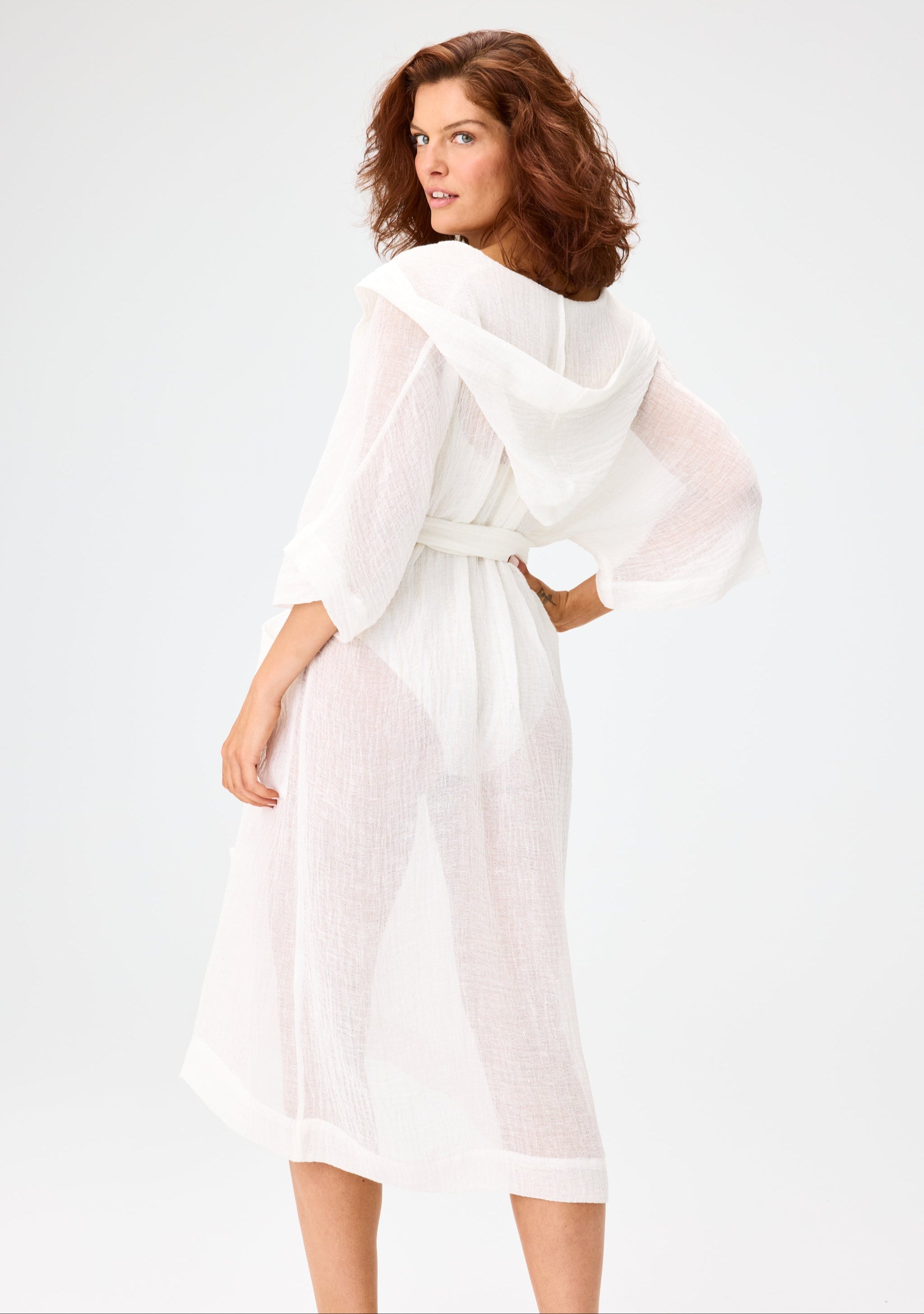 THE HOODED DRESSING GOWN MAXI in WHITE SORRENTO GAUZE