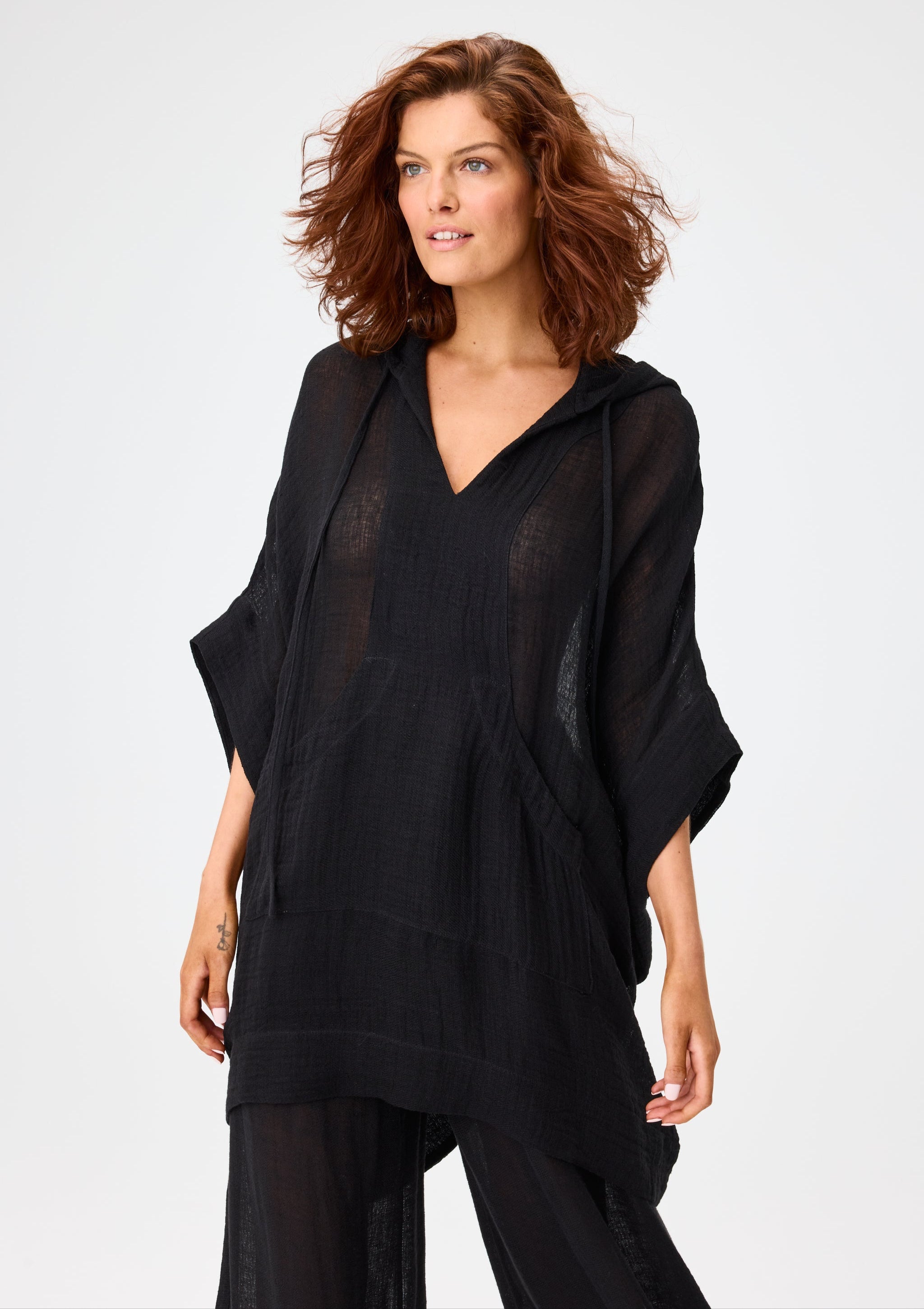 THE HOODED PONCHO in BLACK GAUZE