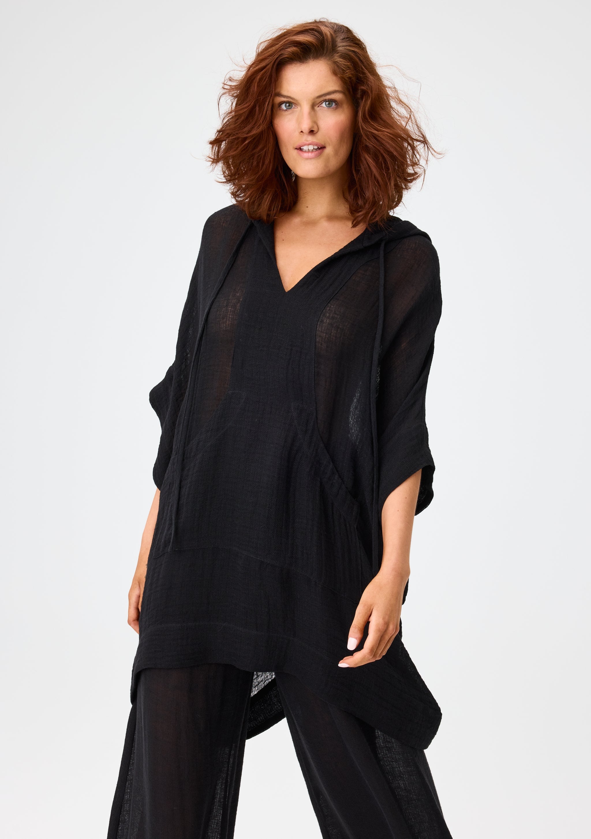 THE HOODED PONCHO in BLACK GAUZE