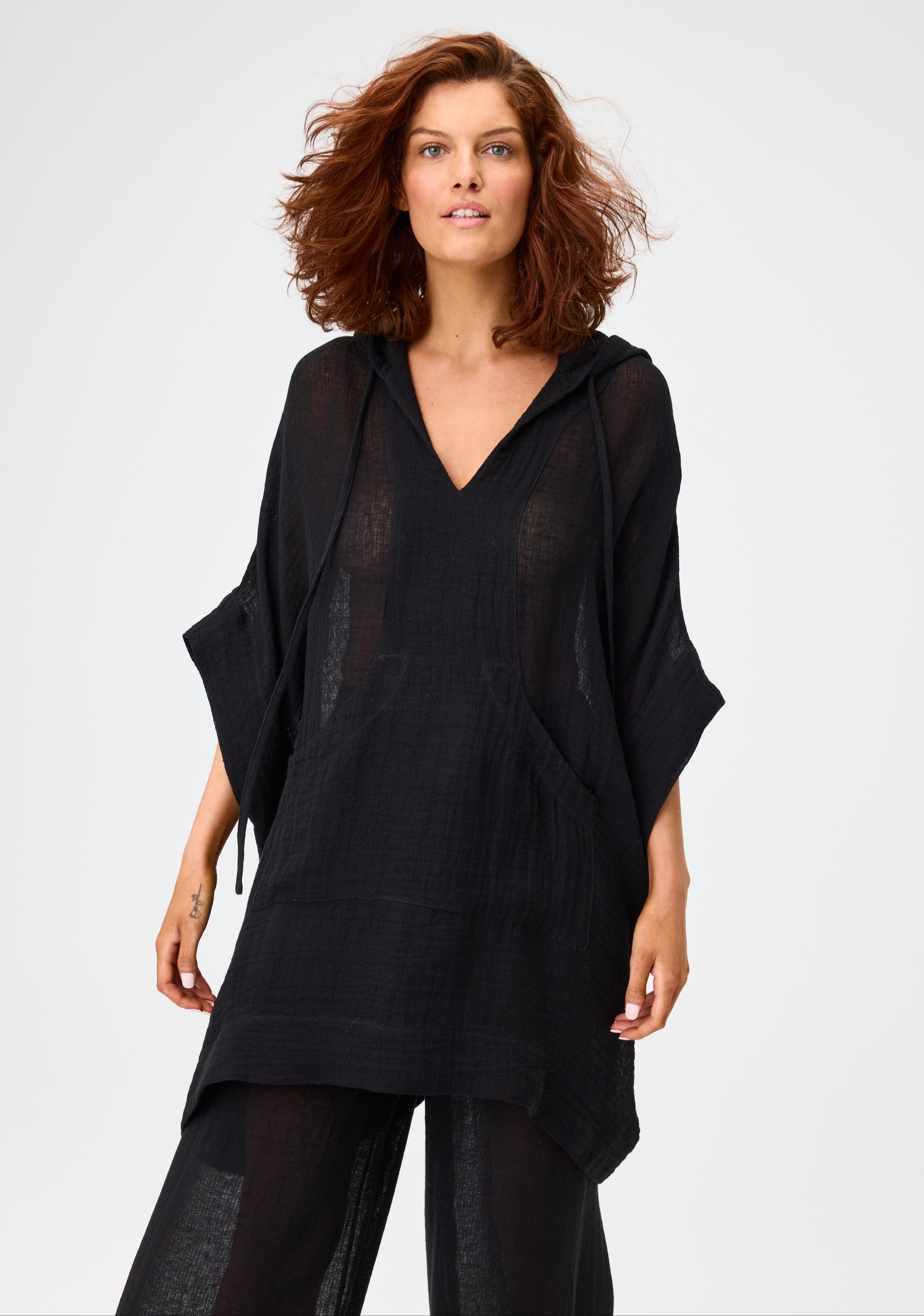 THE HOODED PONCHO in BLACK GAUZE