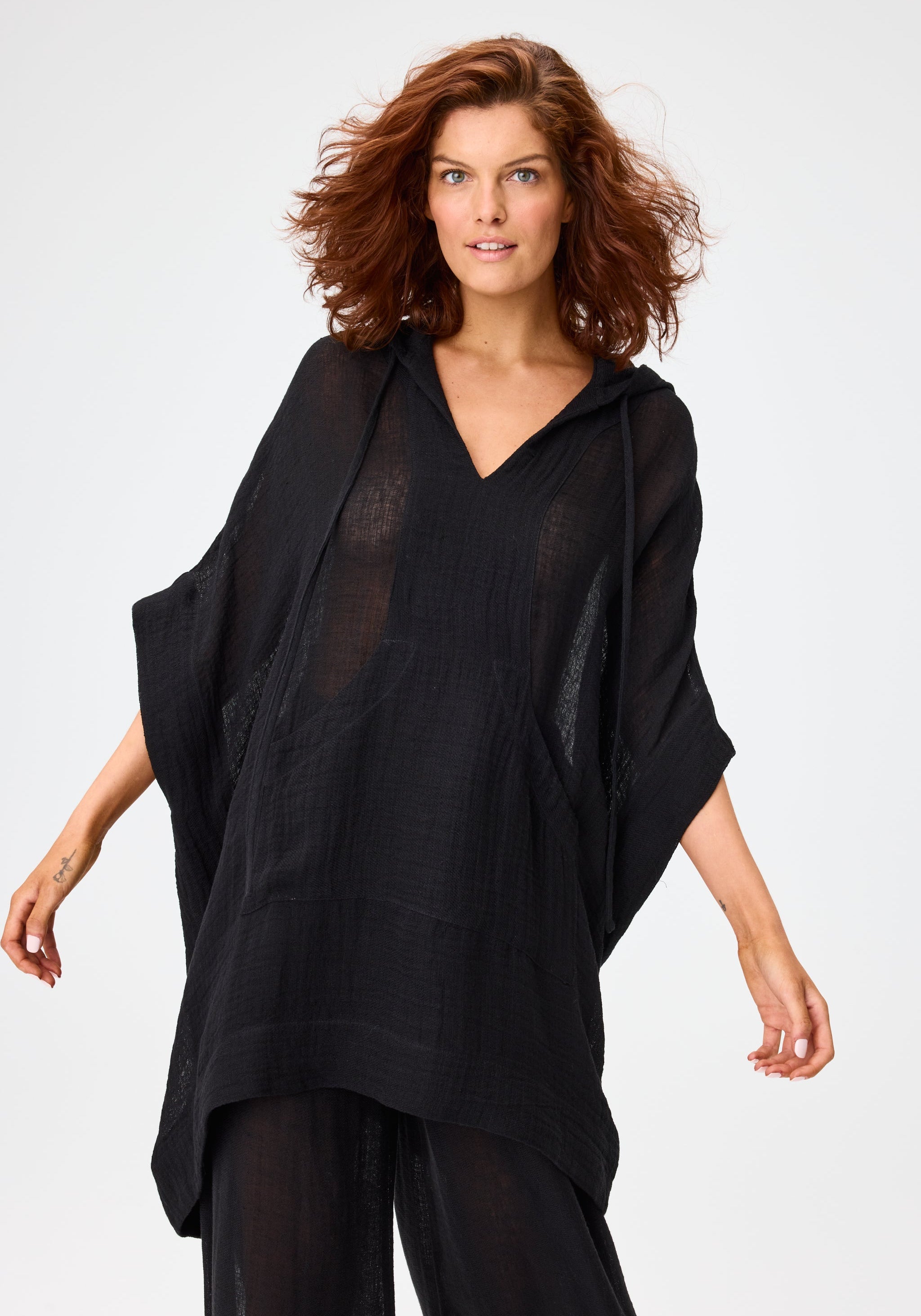 THE HOODED PONCHO in BLACK GAUZE