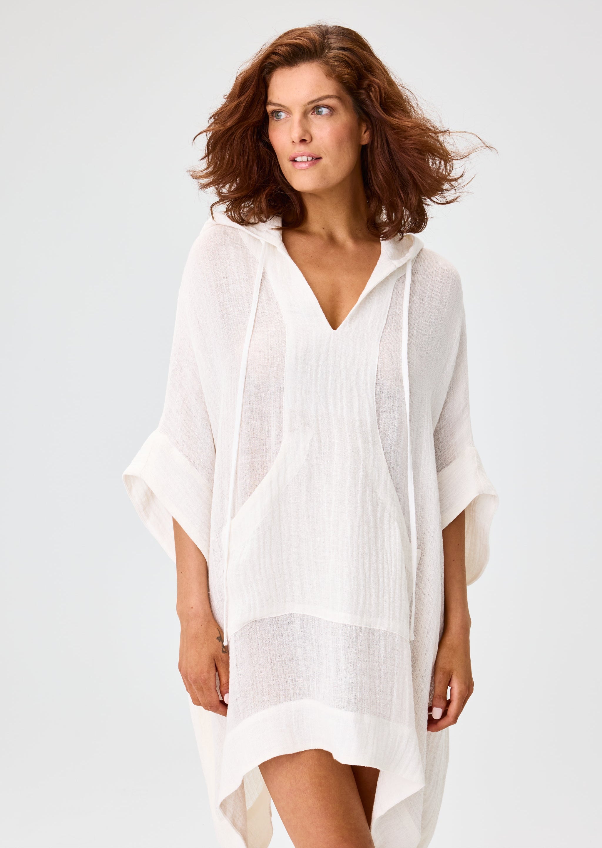 THE HOODED PONCHO in WHITE GAUZE