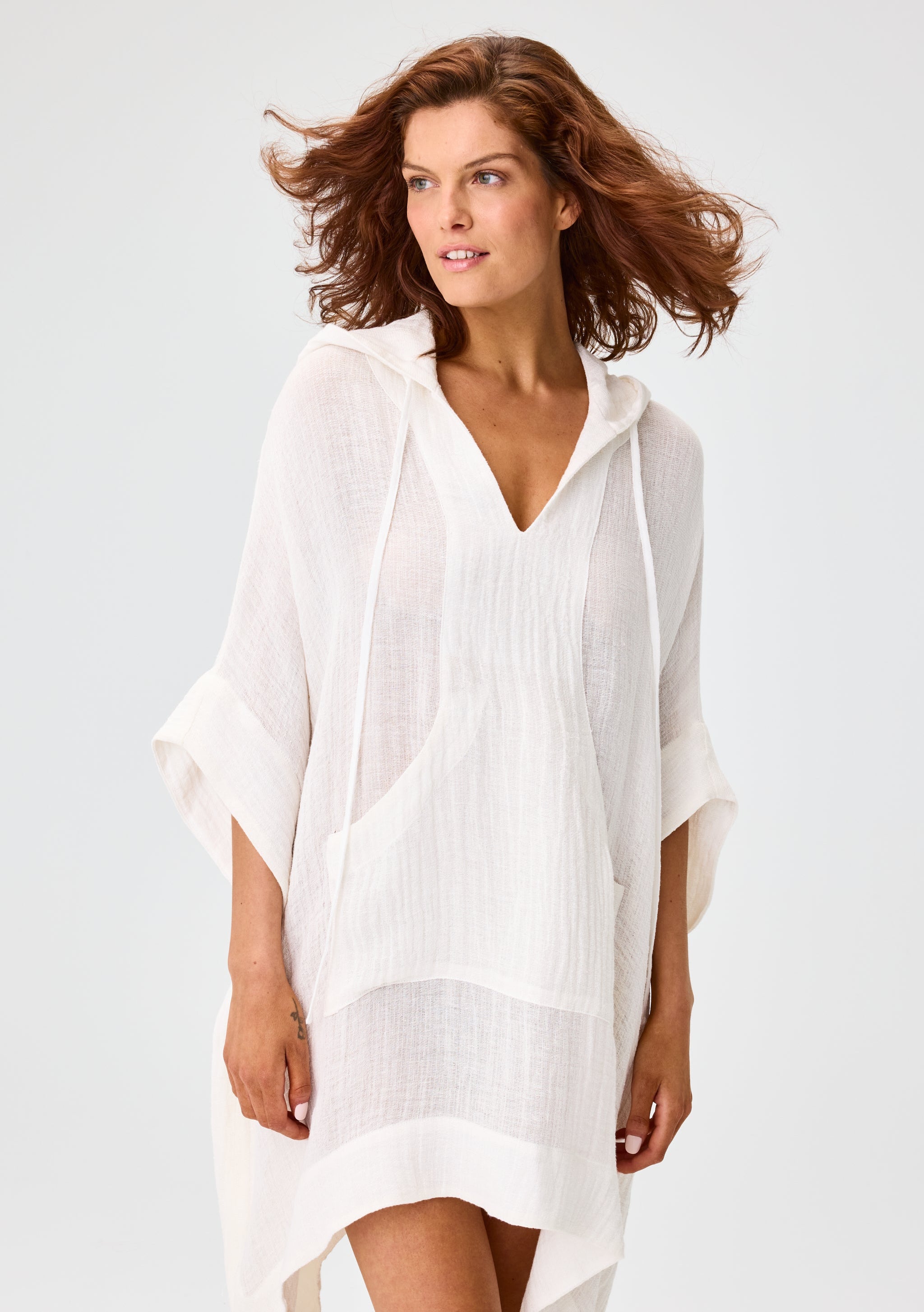 THE HOODED PONCHO in WHITE GAUZE