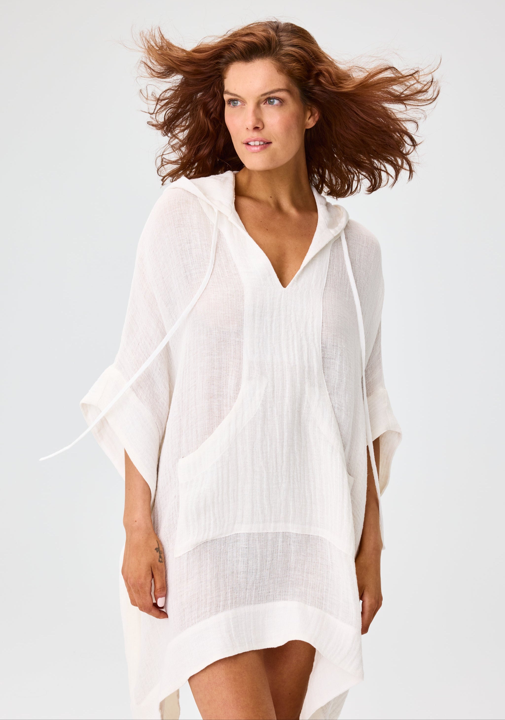 THE HOODED PONCHO in WHITE GAUZE