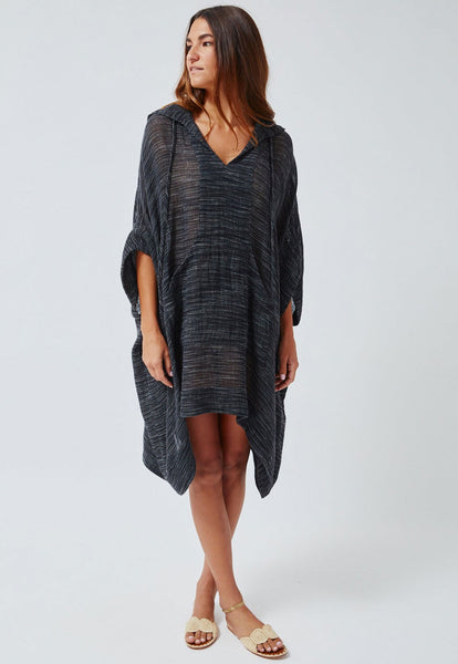 THE HOODED PONCHO in BLACK & WHITE OPEN WEAVE GAUZE