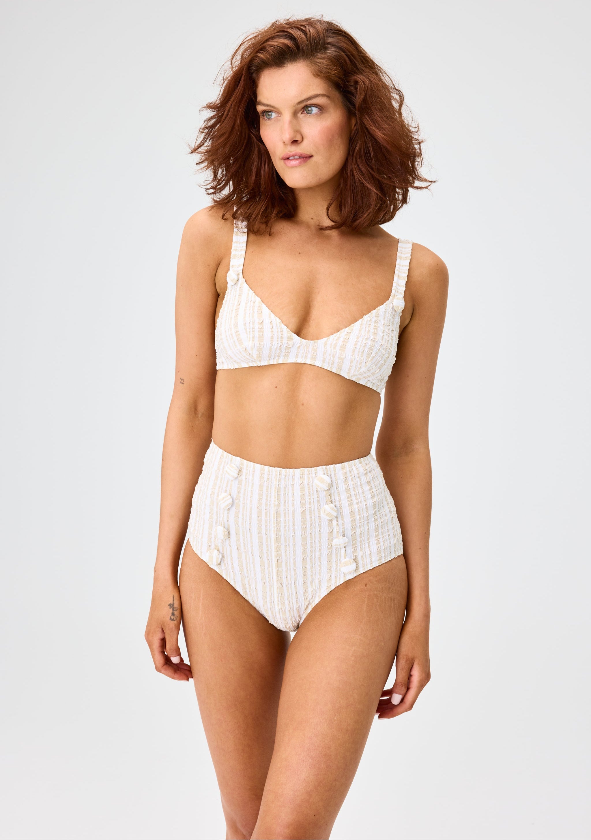 THE MAGDALENA HIGH-WAIST BIKINI in WHITE & SAND STRIPED SEERUSCKER