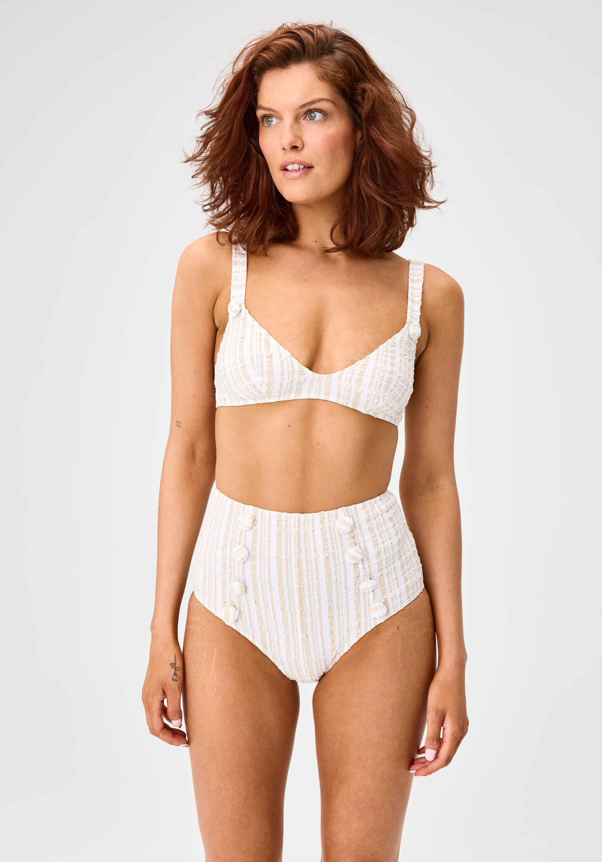 THE MAGDALENA HIGH-WAIST BIKINI in WHITE & SAND STRIPED SEERUSCKER