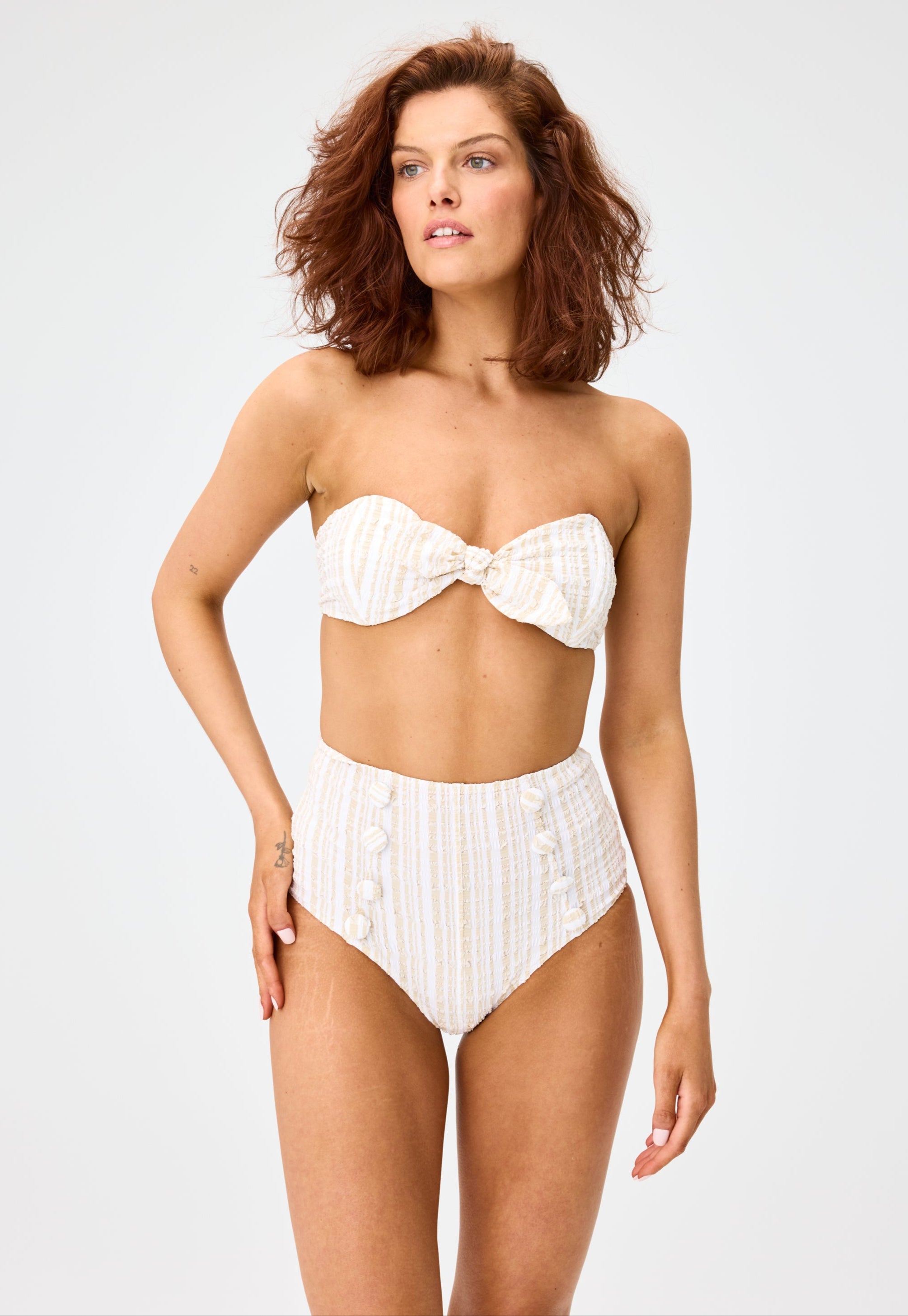 THE POPPY HIGH-WAIST BIKINI in WHITE & SAND STRIPED SEERSUCKER