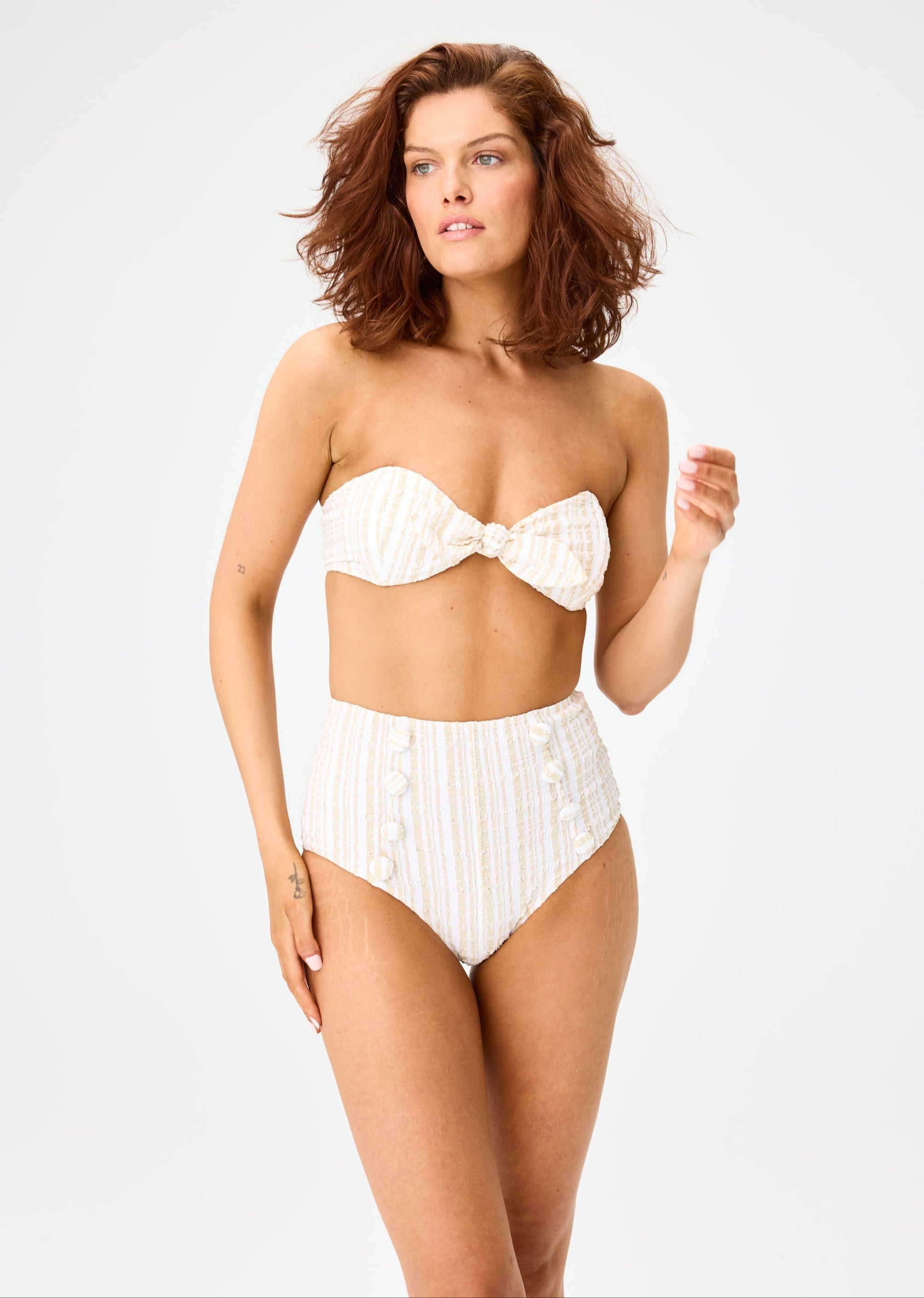 THE POPPY HIGH-WAIST BIKINI in WHITE & SAND STRIPED SEERSUCKER
