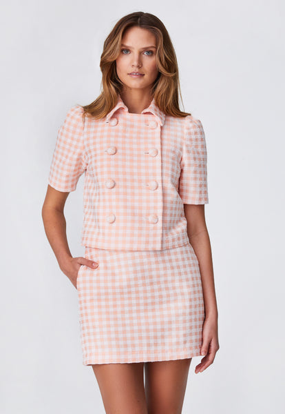 THE MINI SKIRT in CORAL GINGHAM BOUCLE COTTON