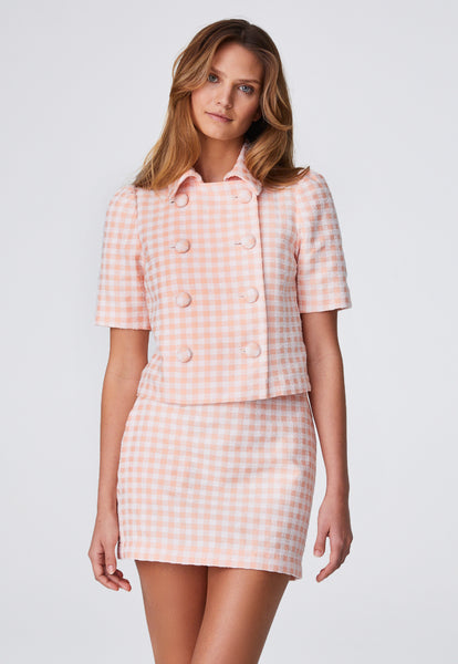 THE PUFF SLEEVE JACKET in CORAL GINGHAM BOUCLE COTTON