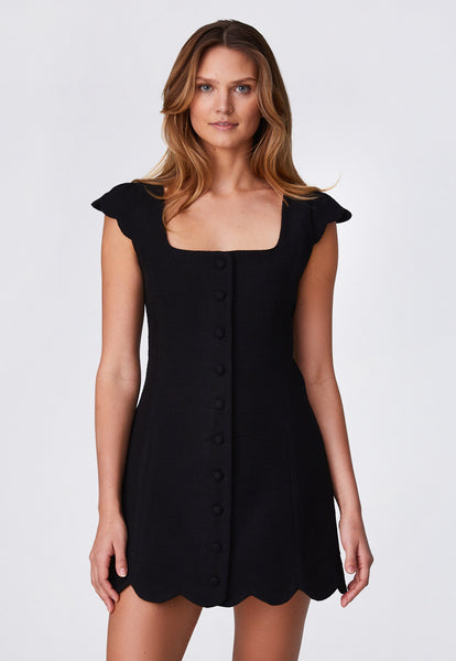 THE SCALLOP MINI DRESS in BLACK TEXTURED COTTON