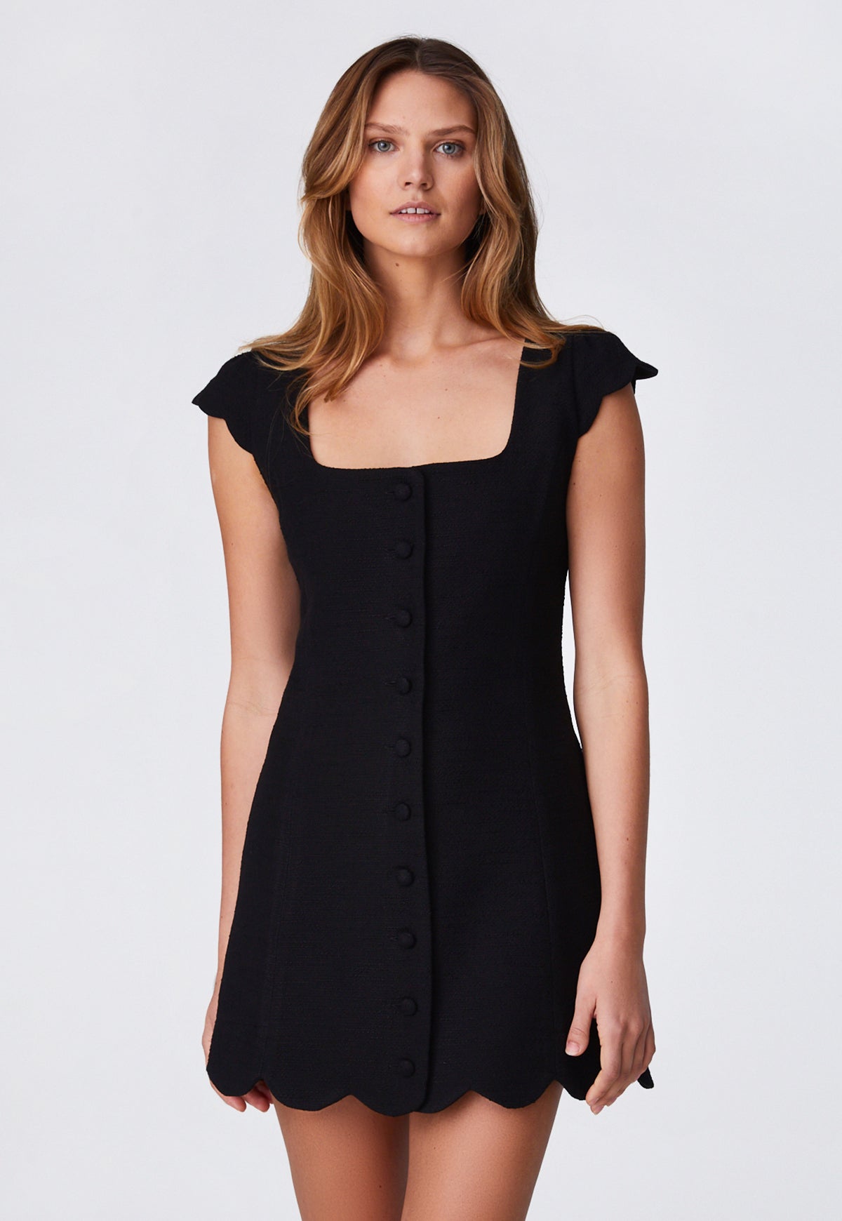 THE SCALLOP MINI DRESS in BLACK TEXTURED COTTON