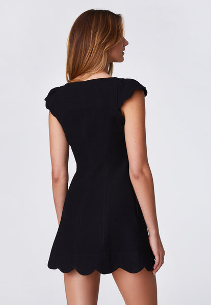 THE SCALLOP MINI DRESS in BLACK TEXTURED COTTON