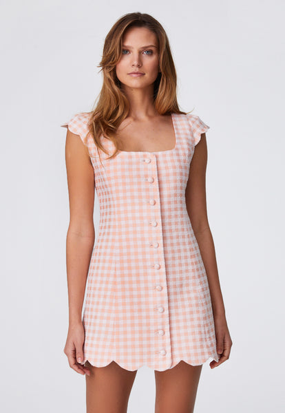 THE SCALLOP DRESS in CORAL GINGHAM BOUCLE COTTON