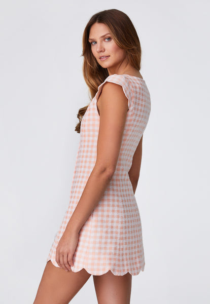 THE SCALLOP DRESS in CORAL GINGHAM BOUCLE COTTON