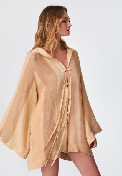 【てる】MAJOH H&A FRILL CAPE THE BEACH CAPE in DESERT AWNING STRIPED CHIOS GAUZE – Lisa Marie