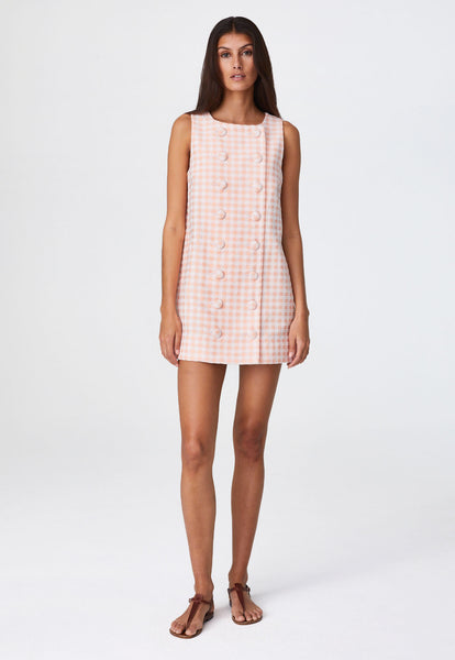 THE DOUBLE BREASTED MINI DRESS in CORAL GINGHAM BOUCLE COTTON