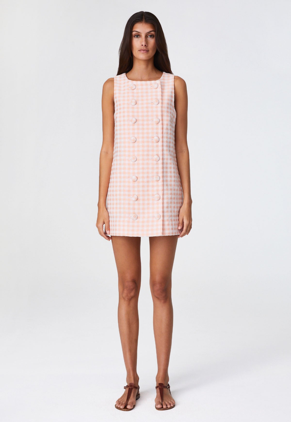 THE DOUBLE BREASTED MINI DRESS in CORAL GINGHAM BOUCLE COTTON