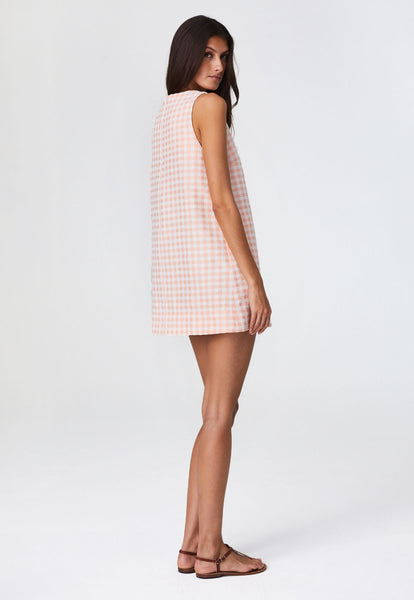 THE DOUBLE BREASTED MINI DRESS in CORAL GINGHAM BOUCLE COTTON