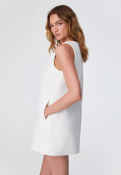 THE DOUBLE BREASTED MINI DRESS in WHITE TEXTURED COTTON