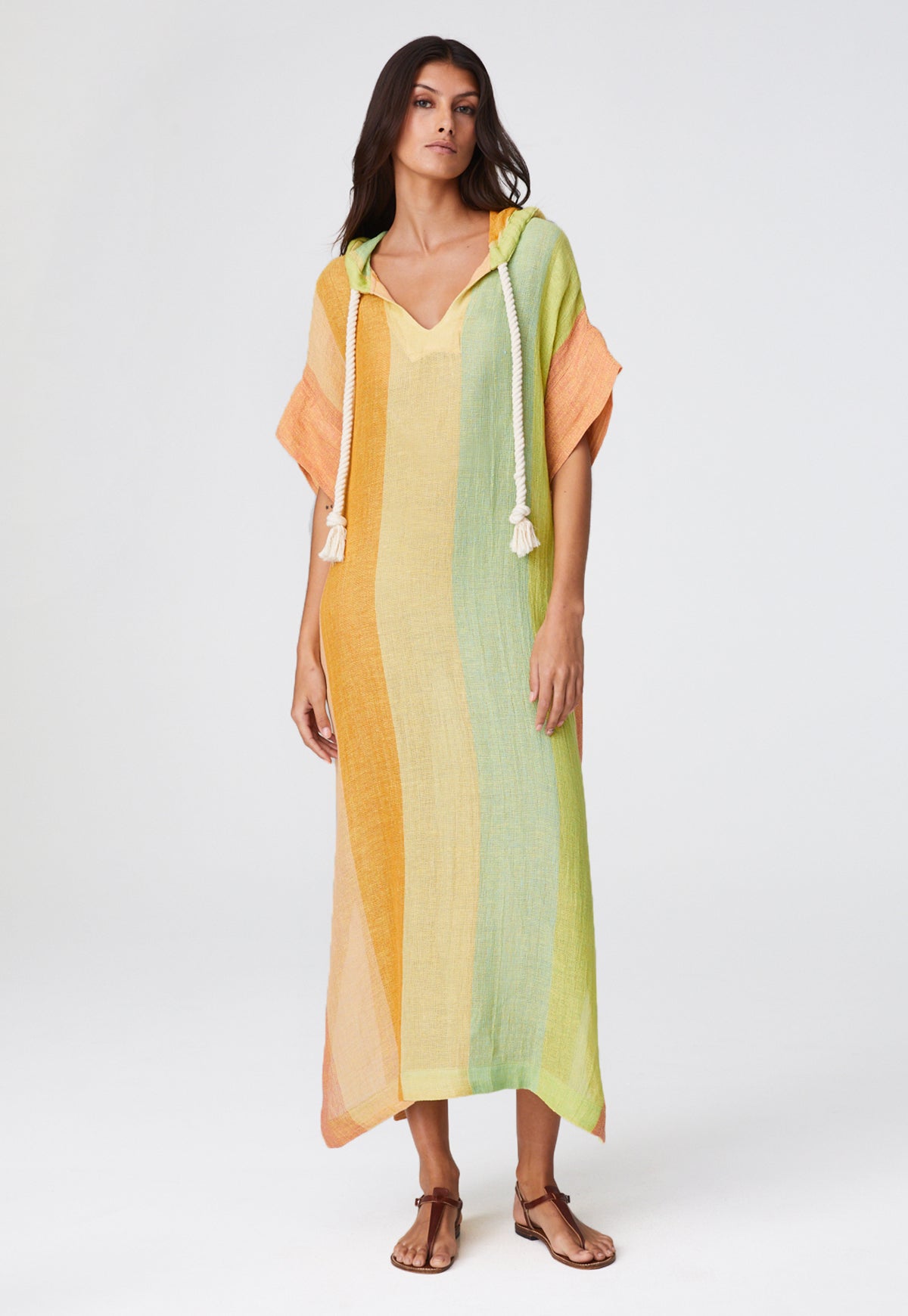 THE DRAWSTRING HOODED CAFTAN in CITRUS AWNING STRIPED GAUZE