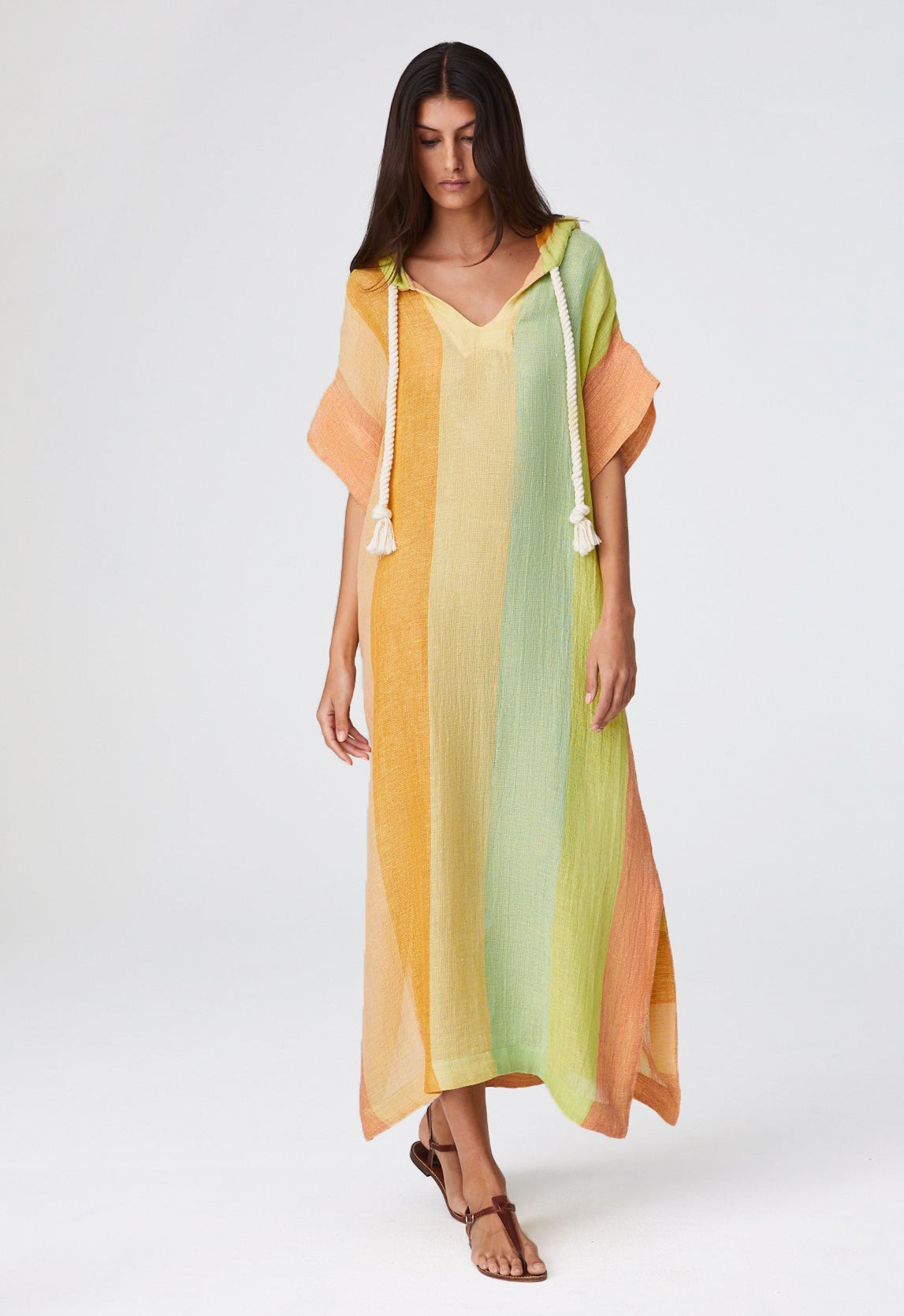THE DRAWSTRING HOODED CAFTAN in CITRUS AWNING STRIPED GAUZE