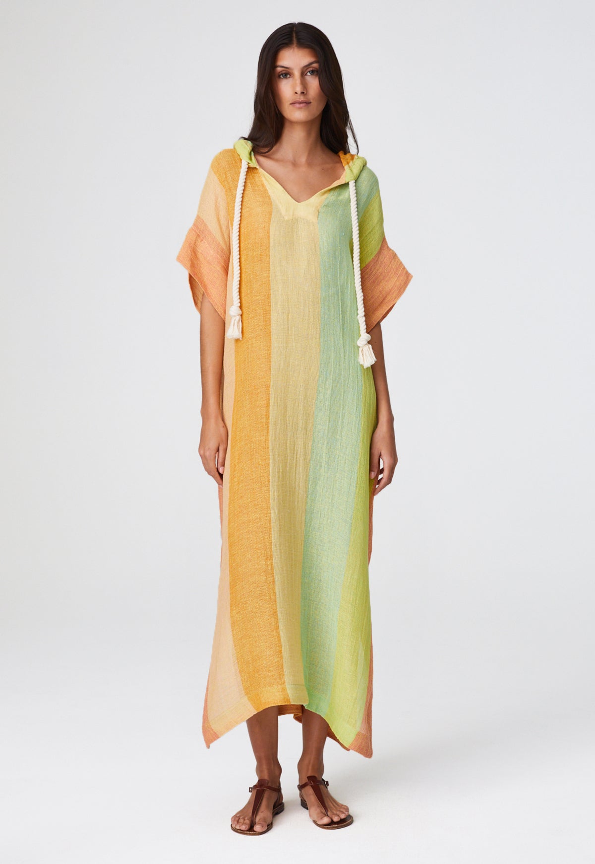 THE DRAWSTRING HOODED CAFTAN in CITRUS AWNING STRIPED GAUZE