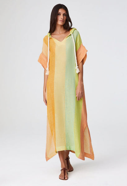 THE DRAWSTRING HOODED CAFTAN in CITRUS AWNING STRIPED GAUZE