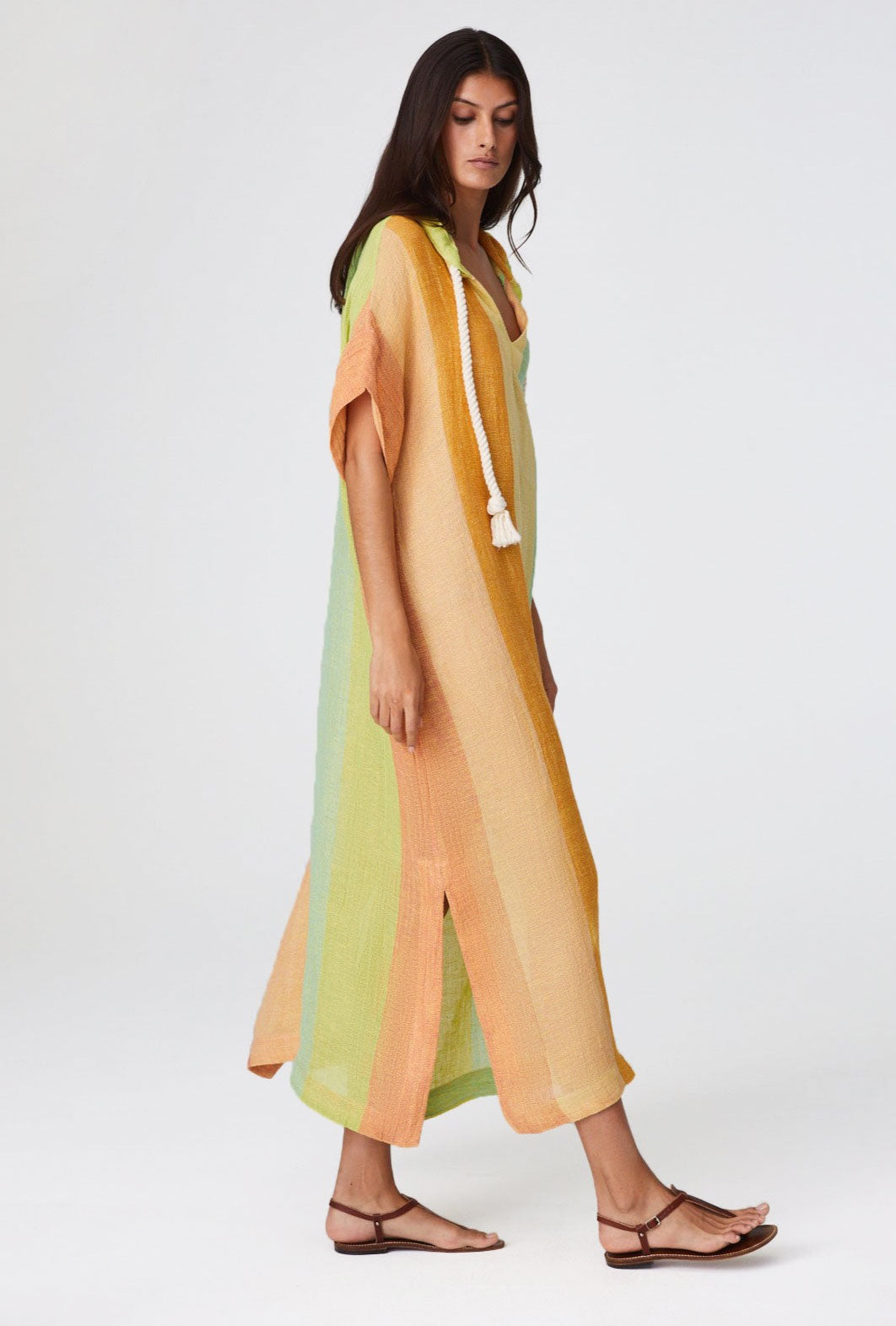 THE DRAWSTRING HOODED CAFTAN in CITRUS AWNING STRIPED GAUZE